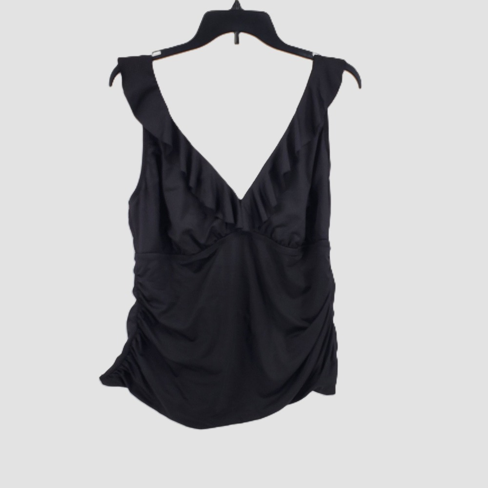 Sonnet Shores Black Ruffle V-Neck Tankini Top Plus Size 20W Ruched Swimwear